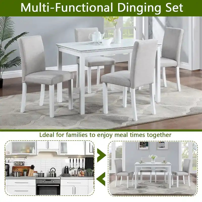 Table de salle à manger en bois avec plateau rectangulaire et 4 chaises rembourrées