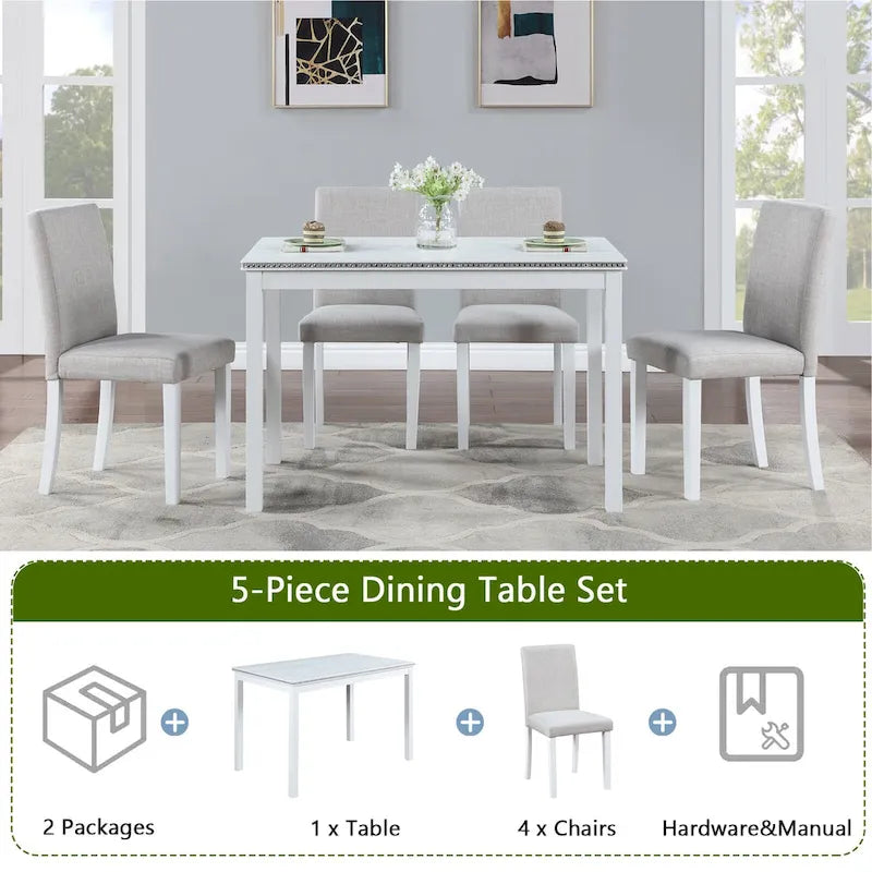 Table de salle à manger en bois avec plateau rectangulaire et 4 chaises rembourrées