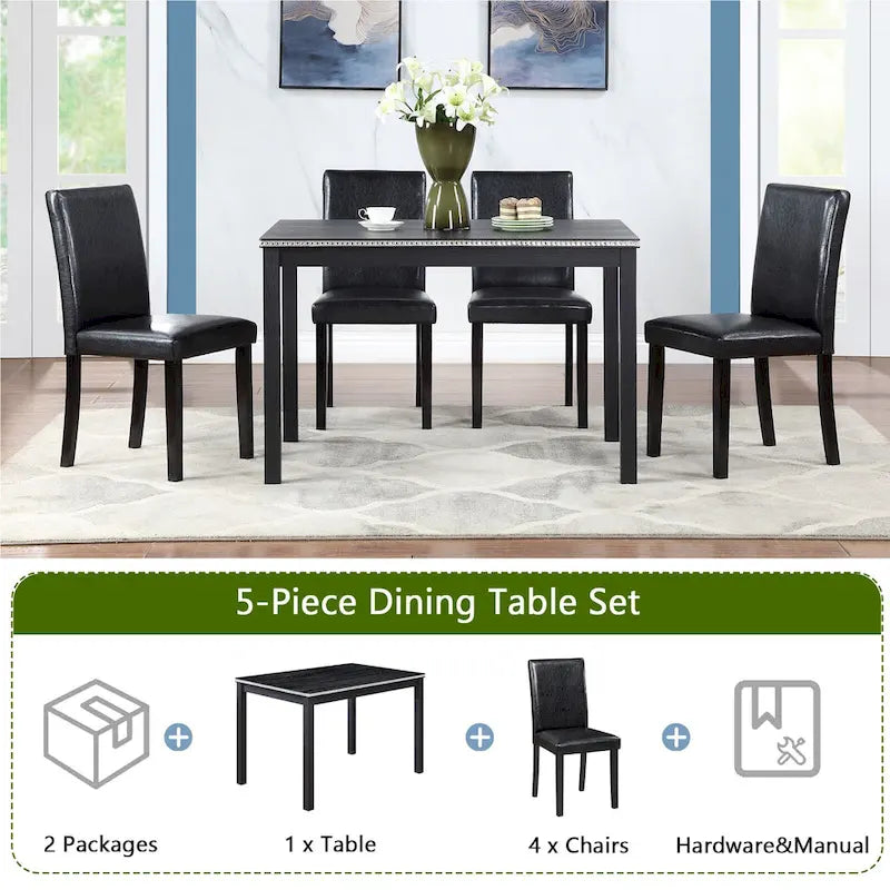 Table de salle à manger en bois avec plateau rectangulaire et 4 chaises rembourrées
