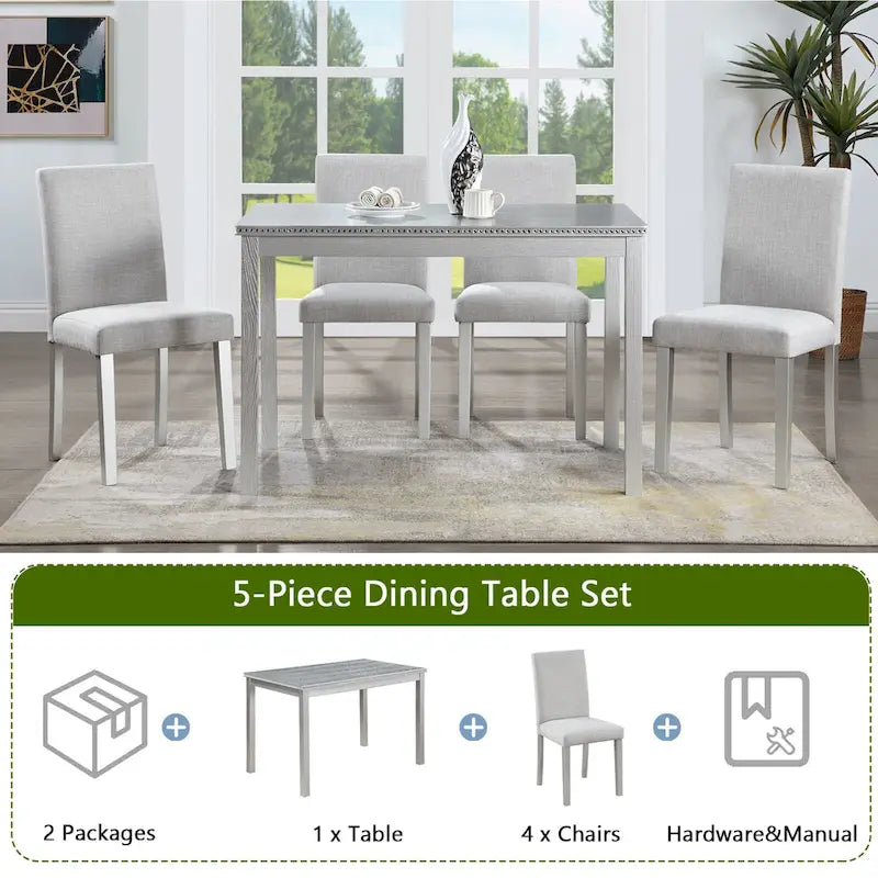 Table de salle à manger en bois avec plateau rectangulaire et 4 chaises rembourrées