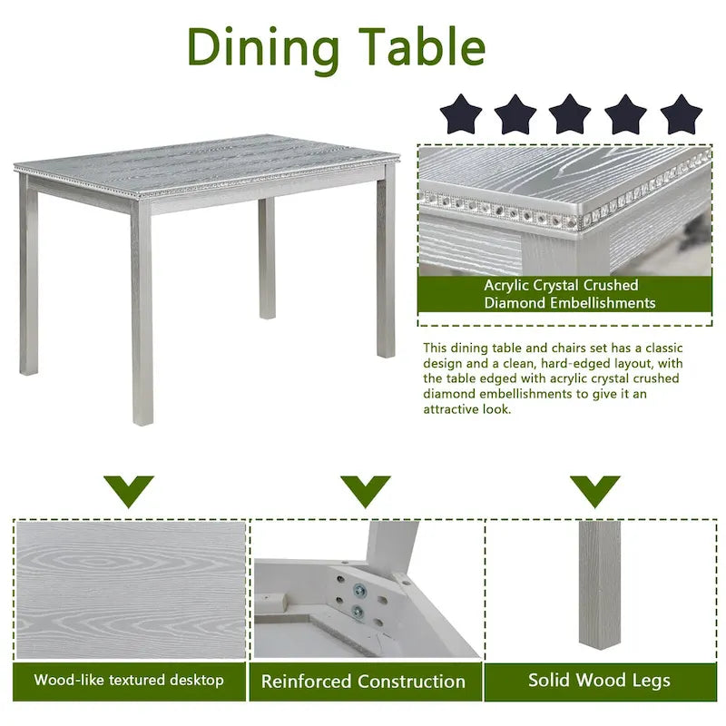 Table de salle à manger en bois avec plateau rectangulaire et 4 chaises rembourrées
