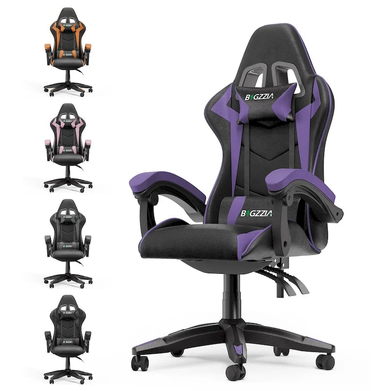 Chaise de jeu ergonomique inclinable à dossier haut, pivotante et roulante, avec appui-tête et support lombaire