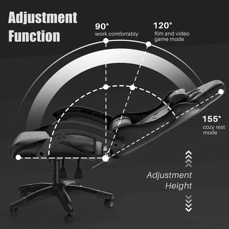 Chaise de jeu ergonomique inclinable à dossier haut, pivotante et roulante, avec appui-tête et support lombaire