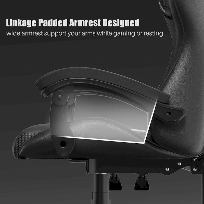 Chaise de jeu ergonomique inclinable à dossier haut, pivotante et roulante, avec appui-tête et support lombaire