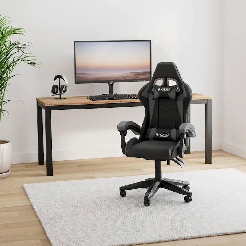 Chaise de jeu ergonomique inclinable à dossier haut, pivotante et roulante, avec appui-tête et support lombaire