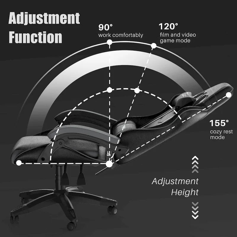 Chaise de jeu ergonomique inclinable à dossier haut, pivotante et roulante, avec appui-tête et support lombaire