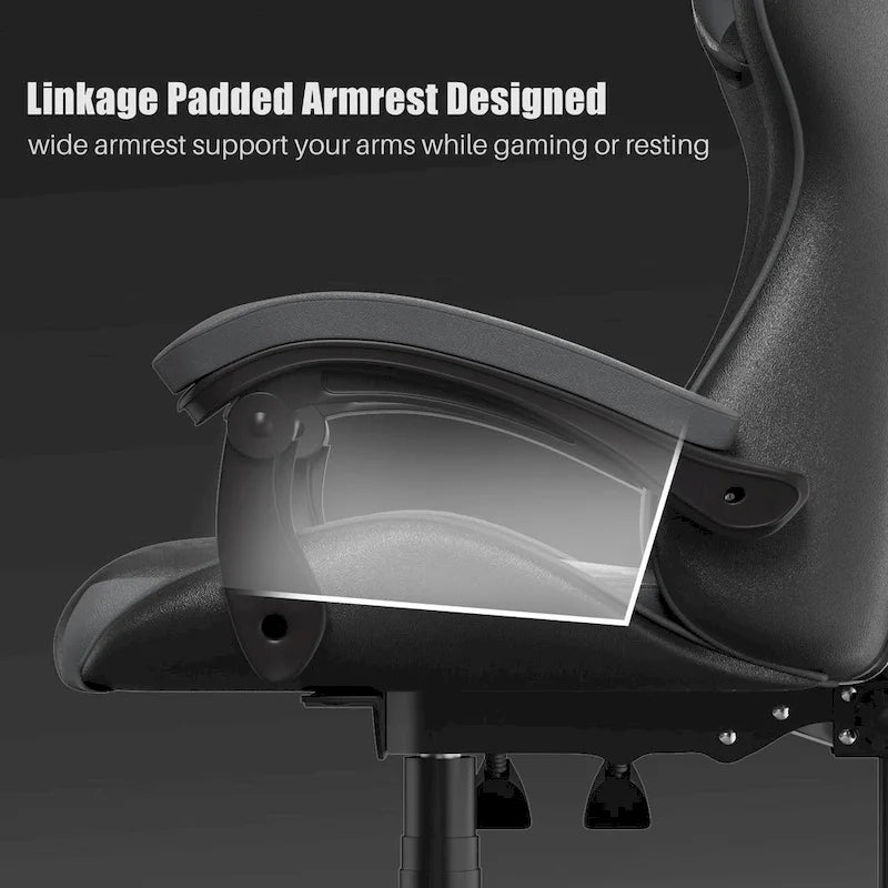 Chaise de jeu ergonomique inclinable à dossier haut, pivotante et roulante, avec appui-tête et support lombaire