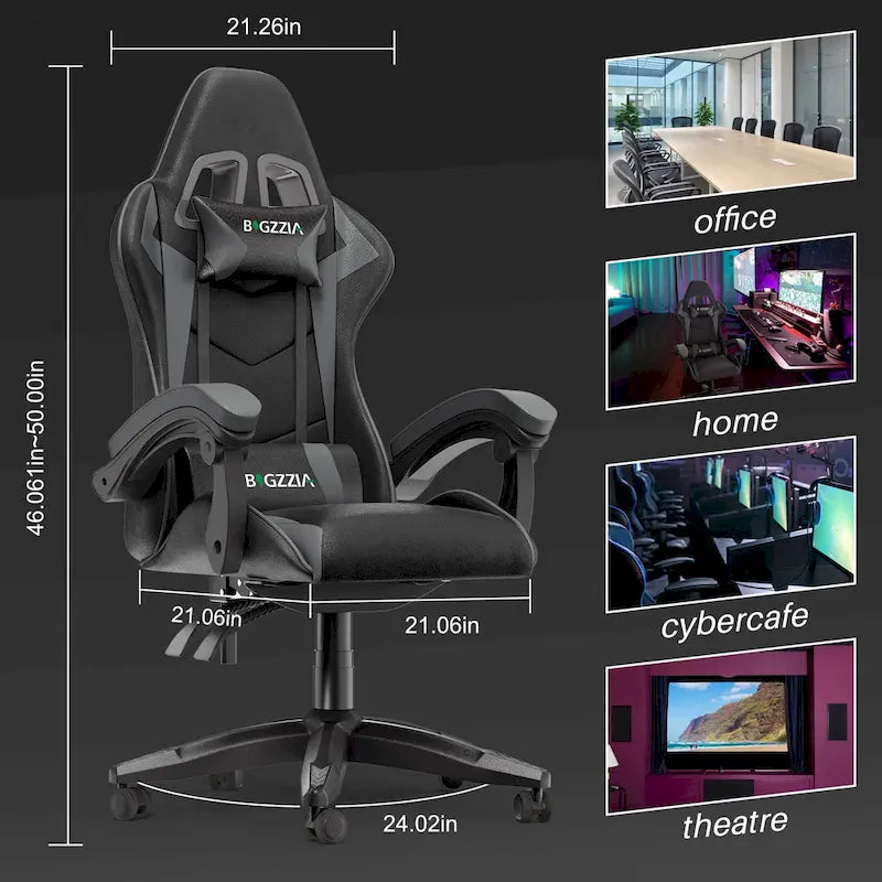 Chaise de jeu ergonomique inclinable à dossier haut, pivotante et roulante, avec appui-tête et support lombaire