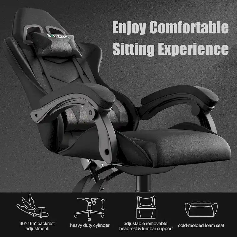 Chaise de jeu ergonomique inclinable à dossier haut, pivotante et roulante, avec appui-tête et support lombaire