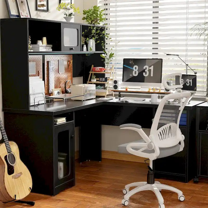 Bureau d'angle en L avec classeur et huche, bureau d'ordinateur d'angle pour bureau à domicile avec tiroirs et station de charge