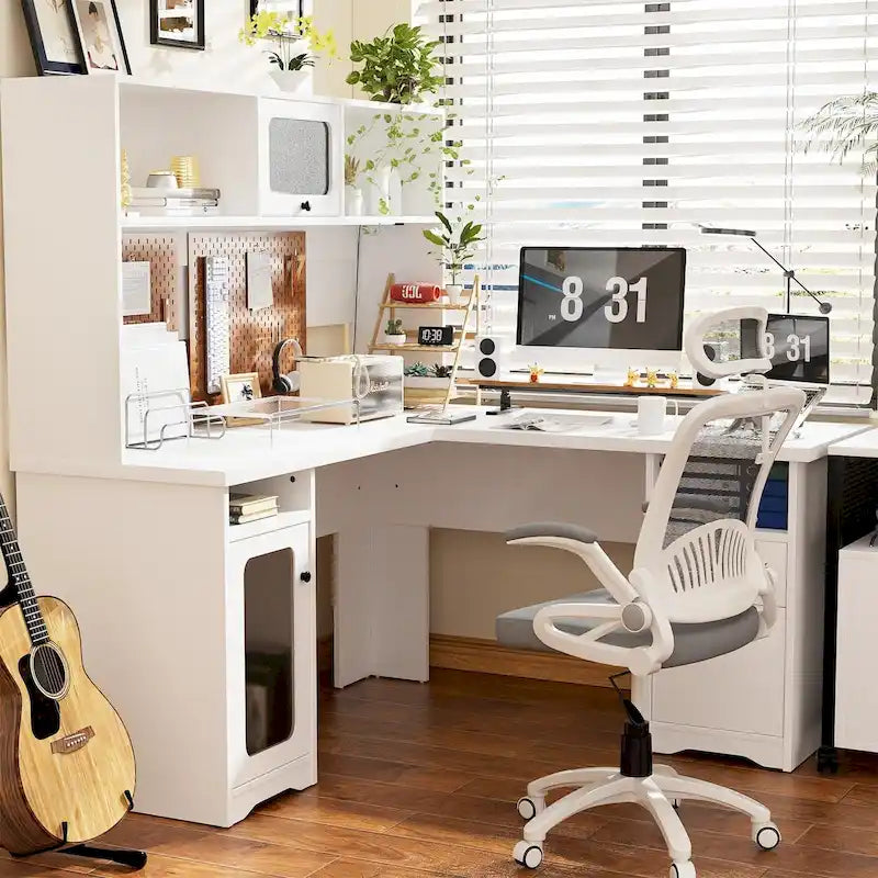 Bureau d'angle en L avec classeur et huche, bureau d'ordinateur d'angle pour bureau à domicile avec tiroirs et station de charge
