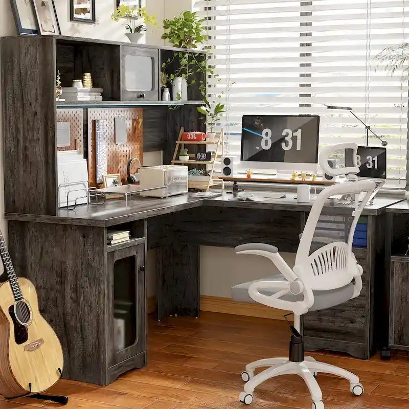 Bureau d'angle en L avec classeur et huche, bureau d'ordinateur d'angle pour bureau à domicile avec tiroirs et station de charge