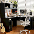 L Shaped Desk with File Cabinet and Hutch, Home Office Corner Computer Desk with Drawers and Charge Station