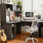 Bureau d'angle en L avec classeur et huche, bureau d'ordinateur d'angle pour bureau à domicile avec tiroirs et station de charge