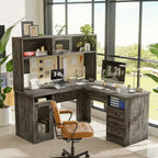 Bureau d'angle en L avec classeur et huche, bureau d'ordinateur d'angle pour bureau à domicile avec tiroirs et station de charge
