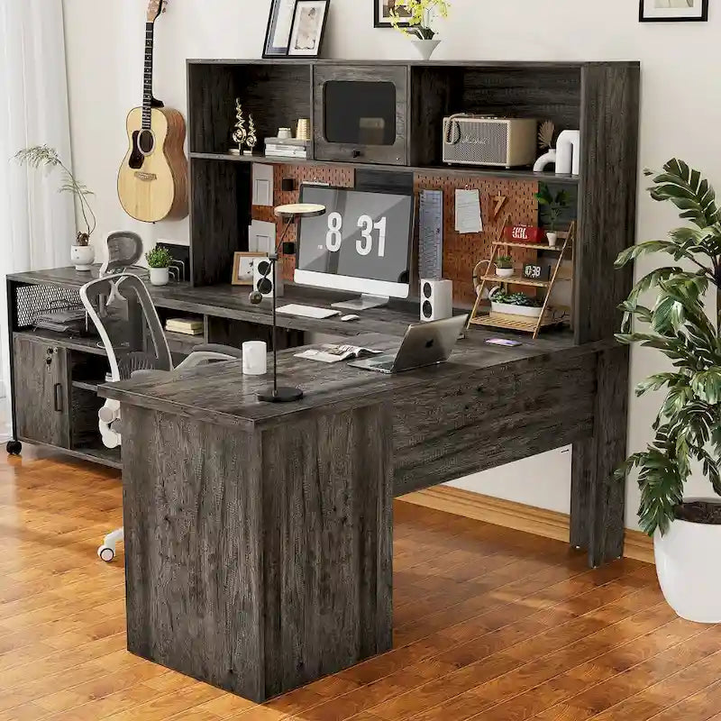 Bureau d'angle en L avec classeur et huche, bureau d'ordinateur d'angle pour bureau à domicile avec tiroirs et station de charge