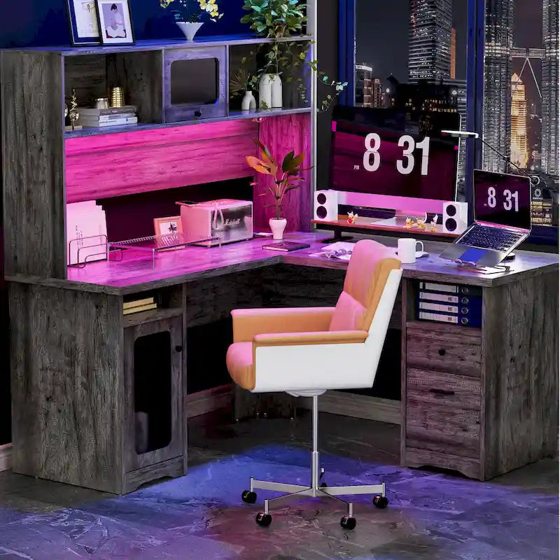 Bureau d'angle en L avec classeur et huche, bureau d'ordinateur d'angle pour bureau à domicile avec tiroirs et station de charge