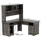 Bureau d'angle en L avec classeur et huche, bureau d'ordinateur d'angle pour bureau à domicile avec tiroirs et station de charge