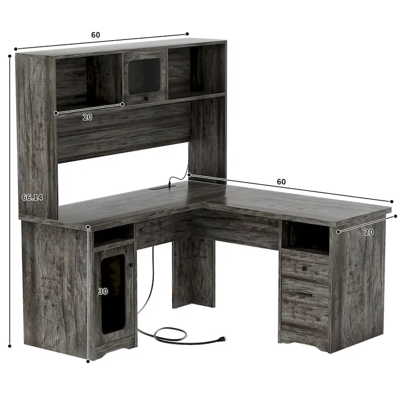 Bureau d'angle en L avec classeur et huche, bureau d'ordinateur d'angle pour bureau à domicile avec tiroirs et station de charge