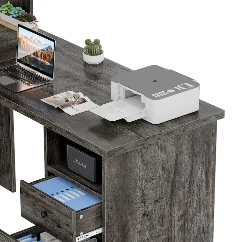 Bureau d'angle en L avec classeur et huche, bureau d'ordinateur d'angle pour bureau à domicile avec tiroirs et station de charge