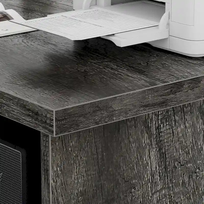 Bureau d'angle en L avec classeur et huche, bureau d'ordinateur d'angle pour bureau à domicile avec tiroirs et station de charge