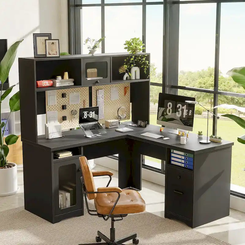 Bureau d'angle en L avec classeur et huche, bureau d'ordinateur d'angle pour bureau à domicile avec tiroirs et station de charge