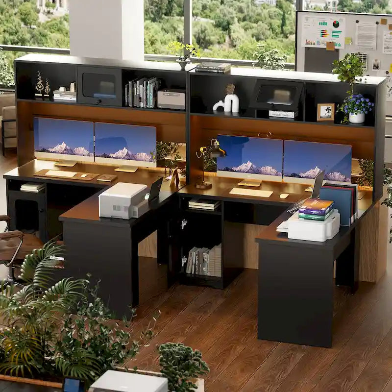 Bureau d'angle en L avec classeur et huche, bureau d'ordinateur d'angle pour bureau à domicile avec tiroirs et station de charge