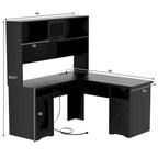 Bureau d'angle en L avec classeur et huche, bureau d'ordinateur d'angle pour bureau à domicile avec tiroirs et station de charge