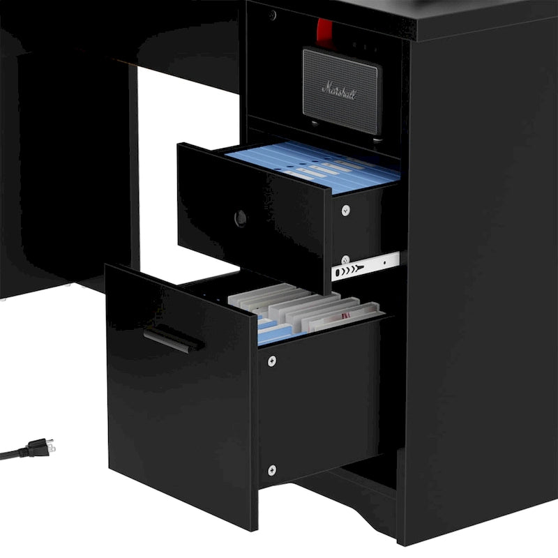 Bureau d'angle en L avec classeur et huche, bureau d'ordinateur d'angle pour bureau à domicile avec tiroirs et station de charge