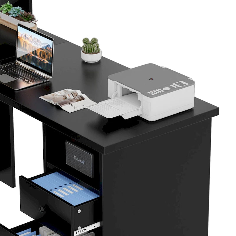 Bureau d'angle en L avec classeur et huche, bureau d'ordinateur d'angle pour bureau à domicile avec tiroirs et station de charge