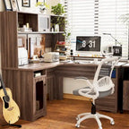 Bureau d'angle en L avec classeur et huche, bureau d'ordinateur d'angle pour bureau à domicile avec tiroirs et station de charge