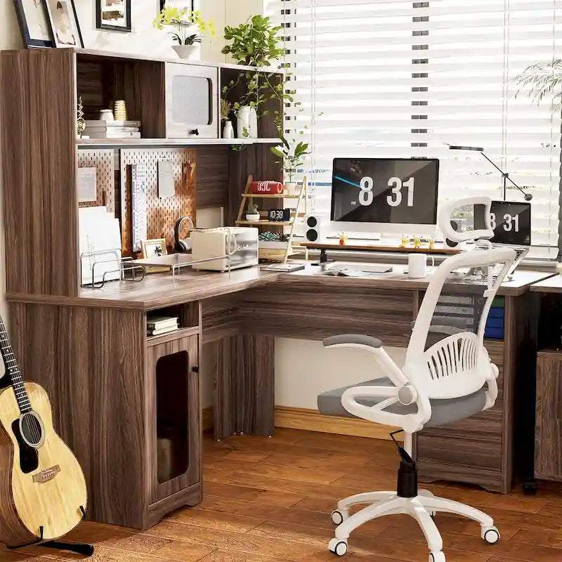 Bureau d'angle en L avec classeur et huche, bureau d'ordinateur d'angle pour bureau à domicile avec tiroirs et station de charge