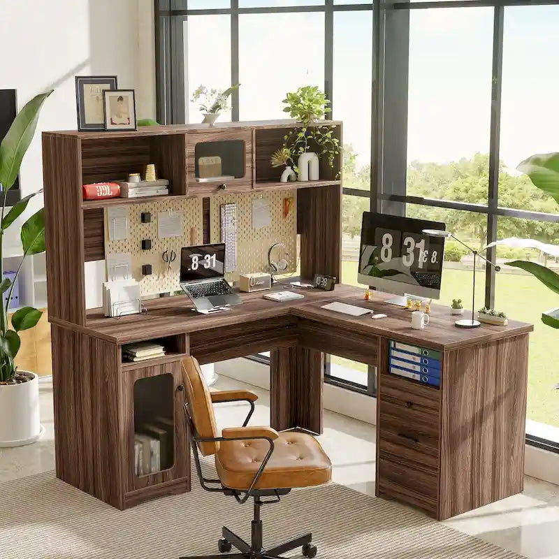 Bureau d'angle en L avec classeur et huche, bureau d'ordinateur d'angle pour bureau à domicile avec tiroirs et station de charge