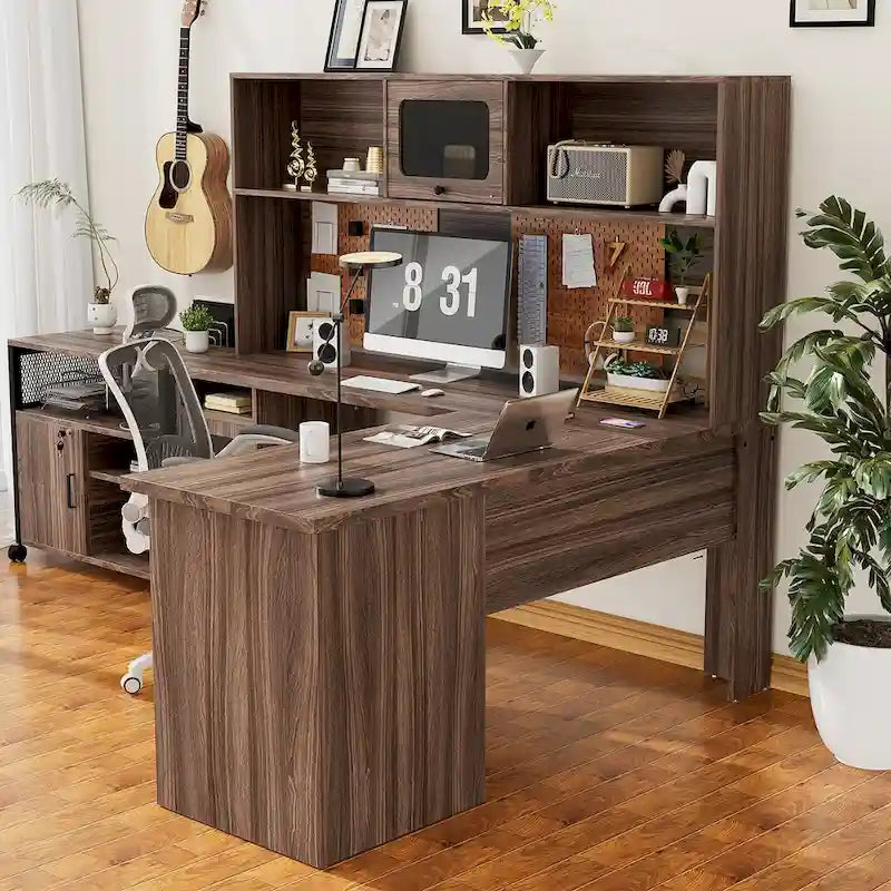 Bureau d'angle en L avec classeur et huche, bureau d'ordinateur d'angle pour bureau à domicile avec tiroirs et station de charge