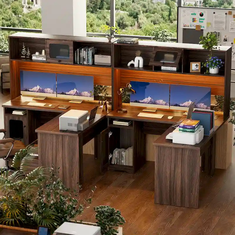 Bureau d'angle en L avec classeur et huche, bureau d'ordinateur d'angle pour bureau à domicile avec tiroirs et station de charge