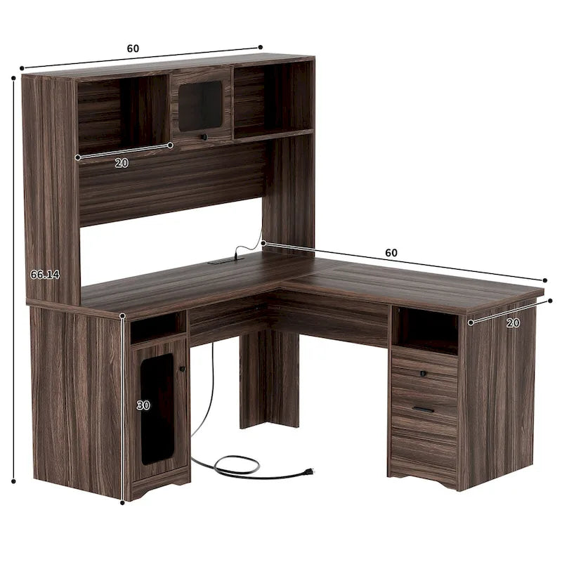 Bureau d'angle en L avec classeur et huche, bureau d'ordinateur d'angle pour bureau à domicile avec tiroirs et station de charge