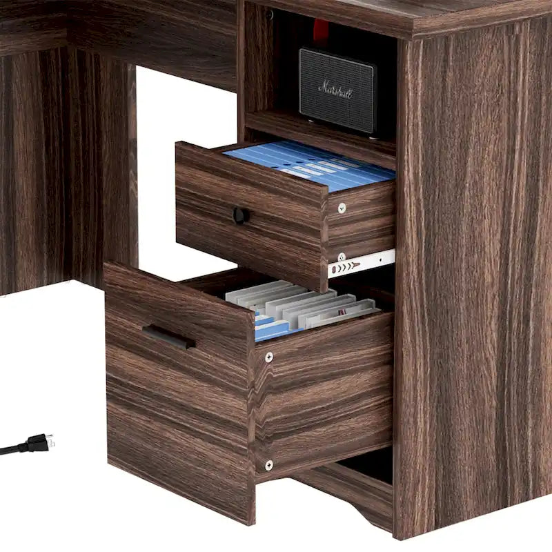 Bureau d'angle en L avec classeur et huche, bureau d'ordinateur d'angle pour bureau à domicile avec tiroirs et station de charge