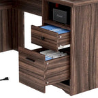 Bureau d'angle en L avec classeur et huche, bureau d'ordinateur d'angle pour bureau à domicile avec tiroirs et station de charge