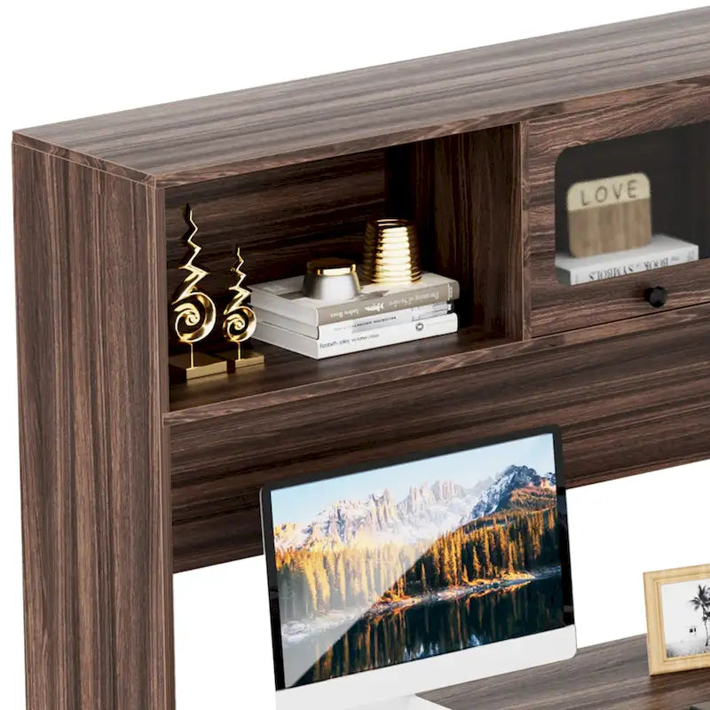 Bureau d'angle en L avec classeur et huche, bureau d'ordinateur d'angle pour bureau à domicile avec tiroirs et station de charge