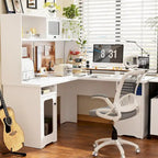 Bureau d'angle en L avec classeur et huche, bureau d'ordinateur d'angle pour bureau à domicile avec tiroirs et station de charge