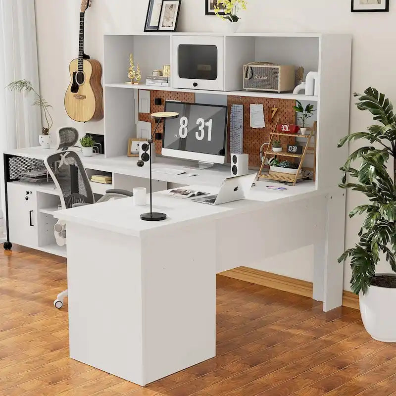 Bureau d'angle en L avec classeur et huche, bureau d'ordinateur d'angle pour bureau à domicile avec tiroirs et station de charge