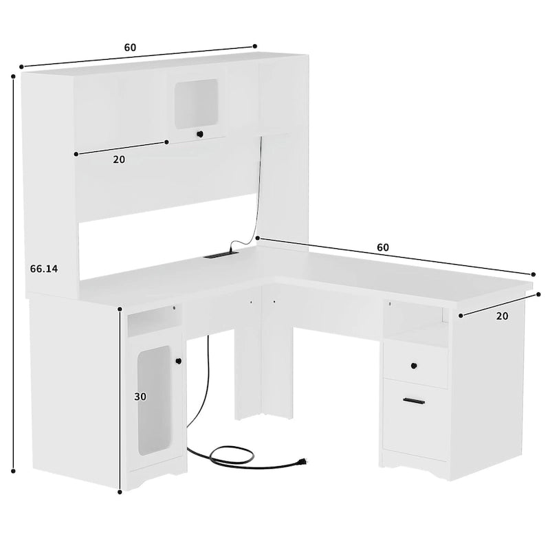 Bureau d'angle en L avec classeur et huche, bureau d'ordinateur d'angle pour bureau à domicile avec tiroirs et station de charge