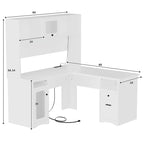 Bureau d'angle en L avec classeur et huche, bureau d'ordinateur d'angle pour bureau à domicile avec tiroirs et station de charge