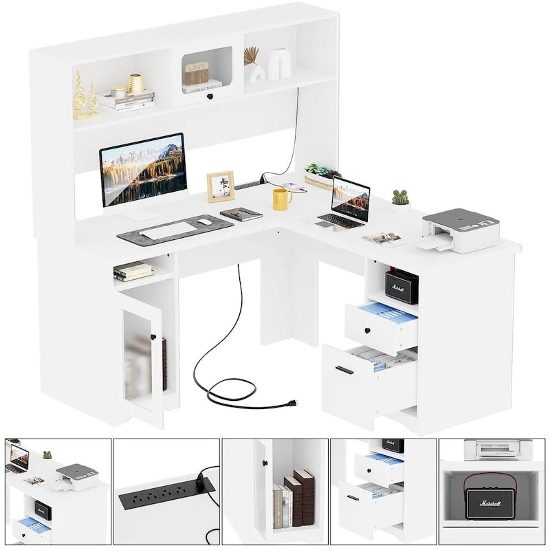 Bureau d'angle en L avec classeur et huche, bureau d'ordinateur d'angle pour bureau à domicile avec tiroirs et station de charge