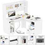 Bureau d'angle en L avec classeur et huche, bureau d'ordinateur d'angle pour bureau à domicile avec tiroirs et station de charge