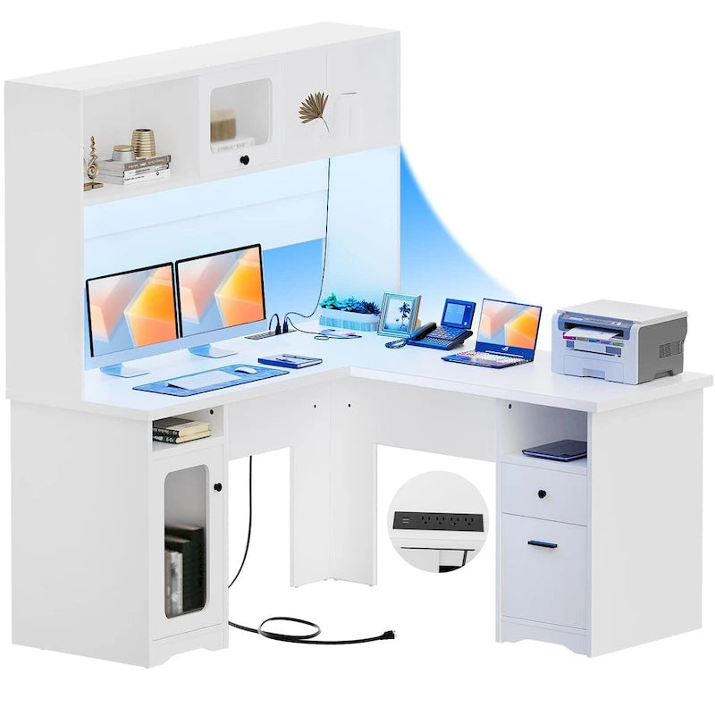 Bureau d'angle en L avec classeur et huche, bureau d'ordinateur d'angle pour bureau à domicile avec tiroirs et station de charge