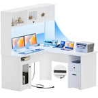 Bureau d'angle en L avec classeur et huche, bureau d'ordinateur d'angle pour bureau à domicile avec tiroirs et station de charge