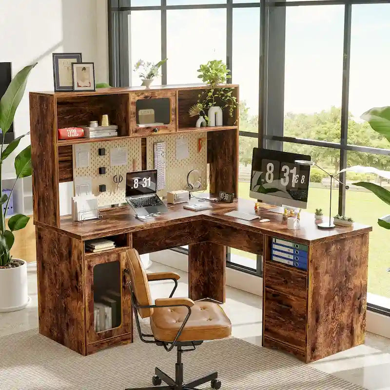 Bureau d'angle en L avec classeur et huche, bureau d'ordinateur d'angle pour bureau à domicile avec tiroirs et station de charge