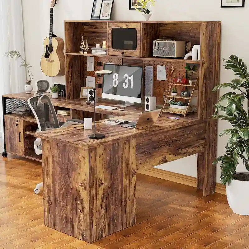 Bureau d'angle en L avec classeur et huche, bureau d'ordinateur d'angle pour bureau à domicile avec tiroirs et station de charge