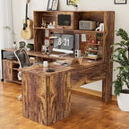 Bureau d'angle en L avec classeur et huche, bureau d'ordinateur d'angle pour bureau à domicile avec tiroirs et station de charge